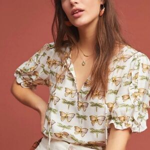 Butterfly Print White Blouse Anthropologie